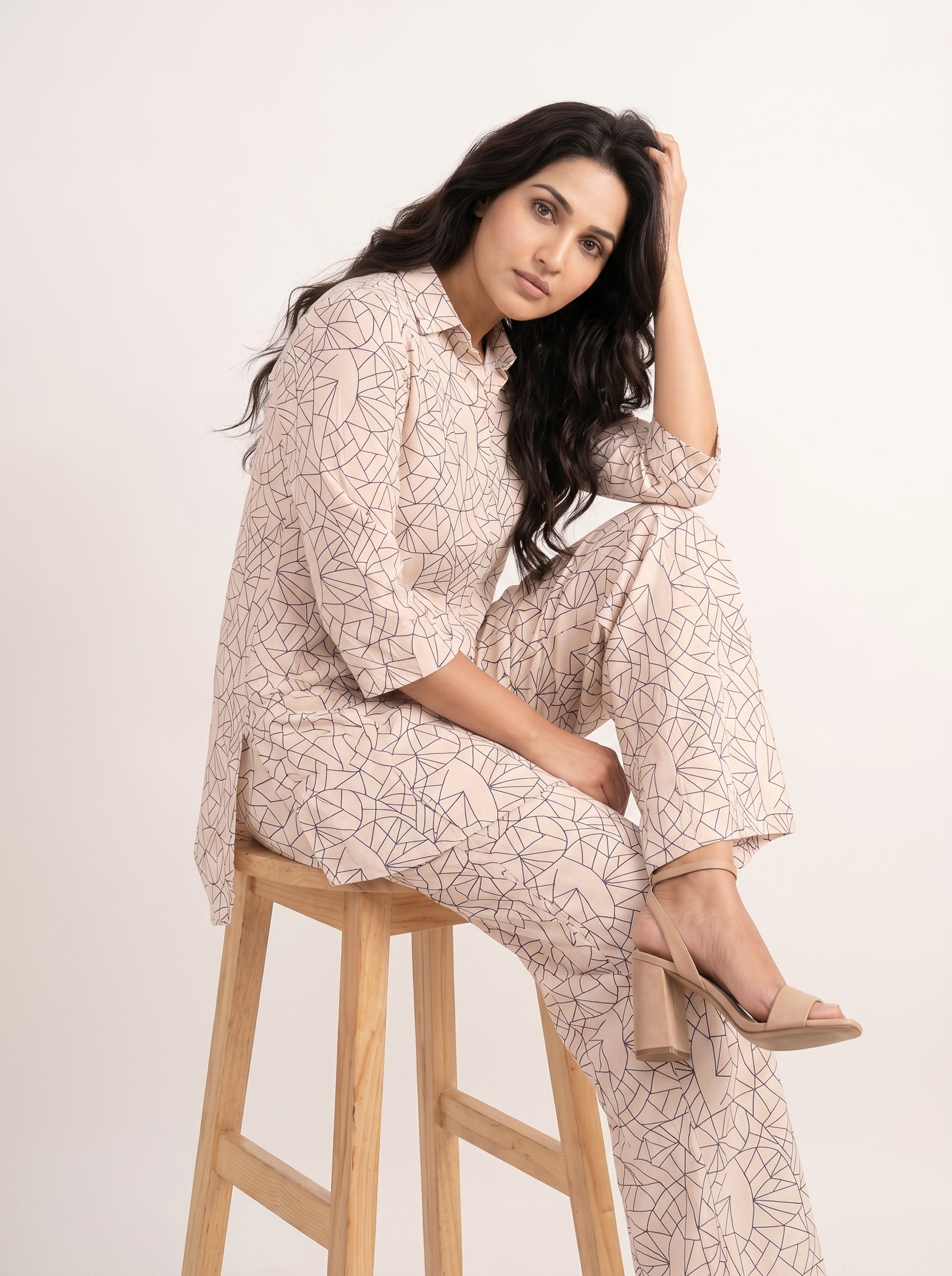 Cream Shirt Collar Geometric Print Night Suit For Women