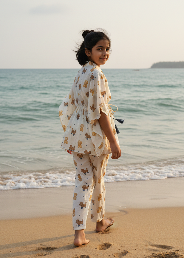 Beige Teddy Print Cotton Night Suit Set for Kids