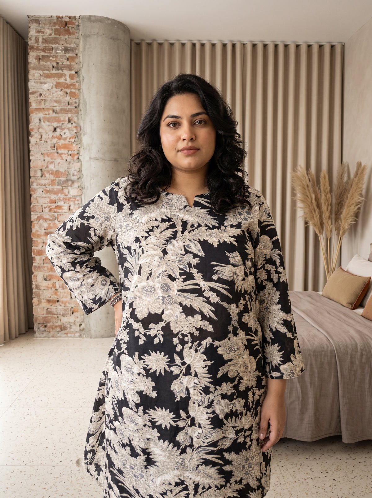 Black Floral Notch Neck Cotton Plus Size Night Suit For Women
