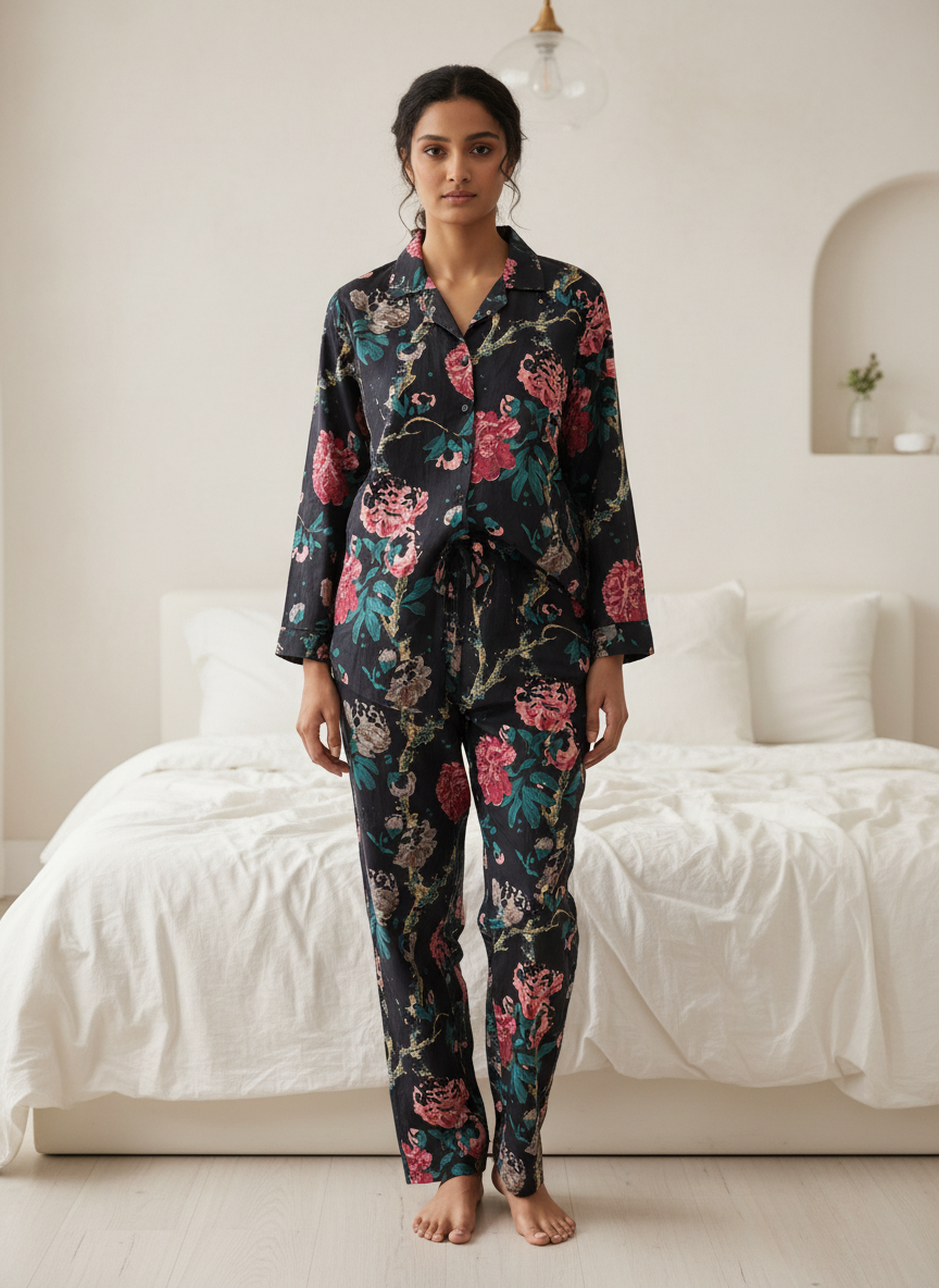 Black floral printed Cotton Night Suit Set for Women