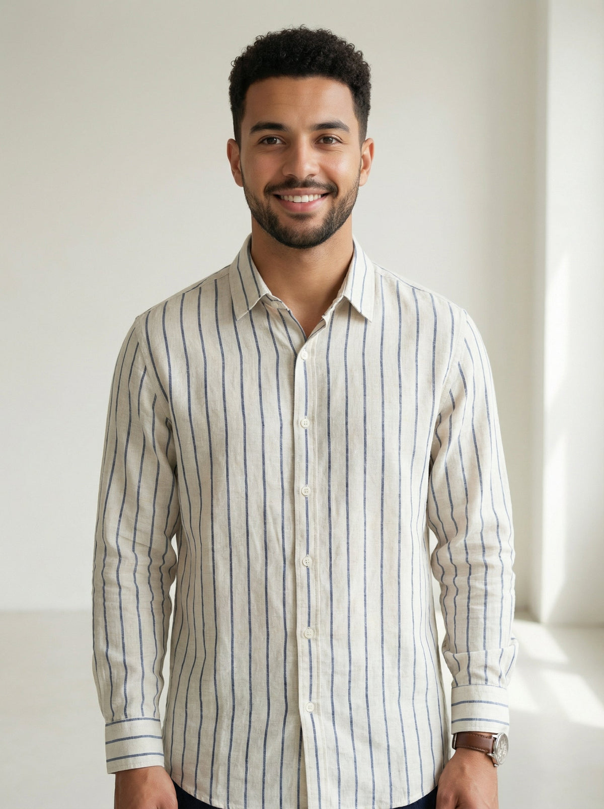 Blue Vertical Stripe Handloom Cotton Shirt For Men