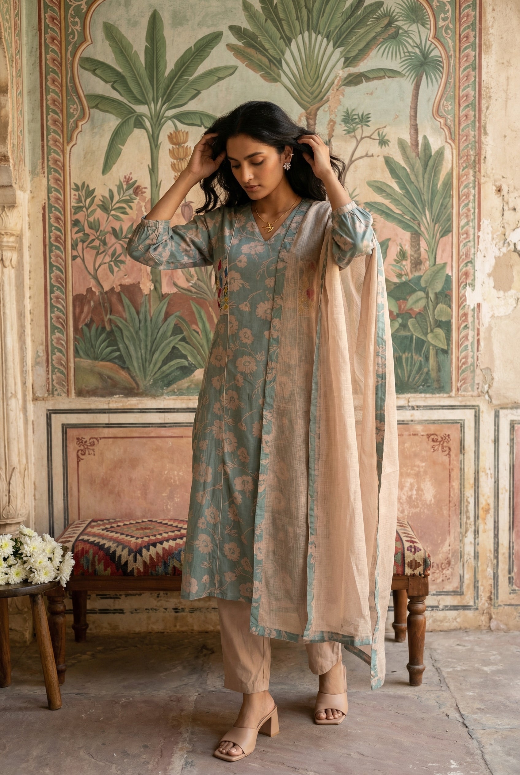Blue Floral Print V-Neck Straight Kurta Set For Women