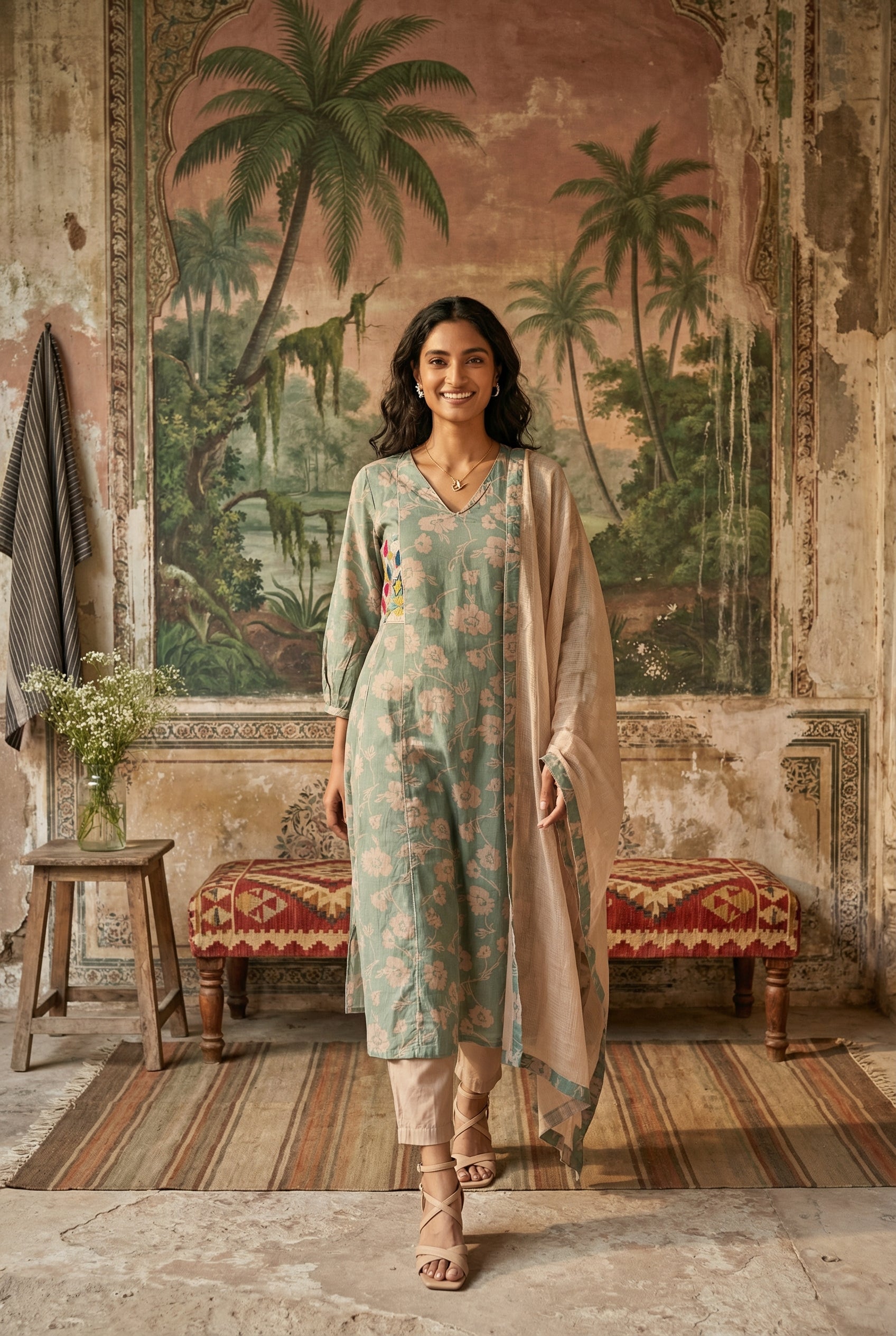 Blue Floral Print V-Neck Straight Kurta Set For Women