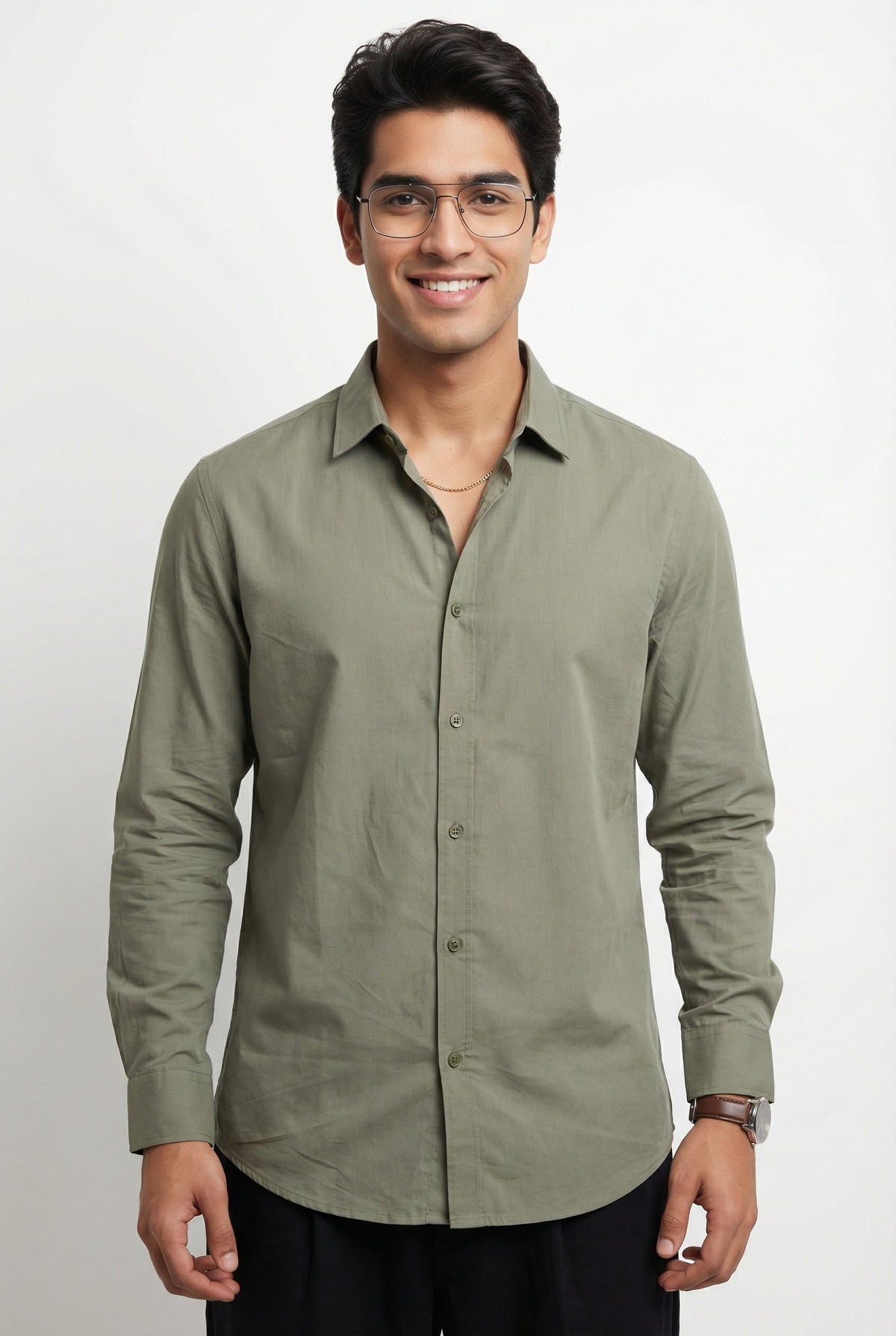 Olive Band Collar Solid Pure Cotton  Shirt For Men