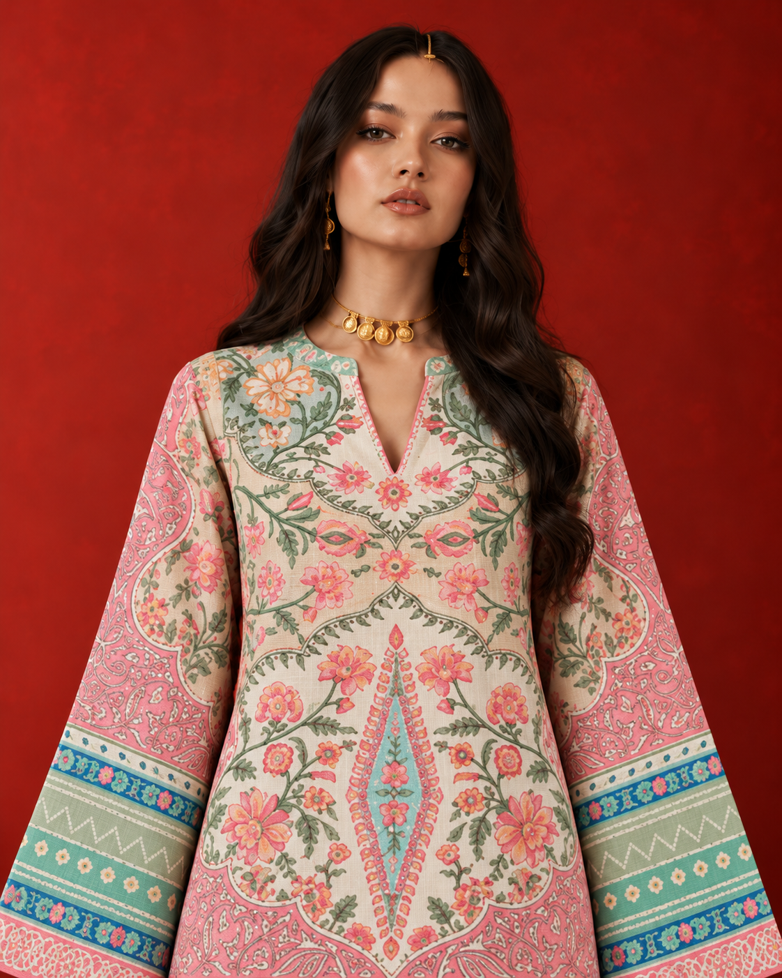 Sea Green Floral & Paisley Print V-Neck Farshi Salwar Suit Co-Ord Set For Women