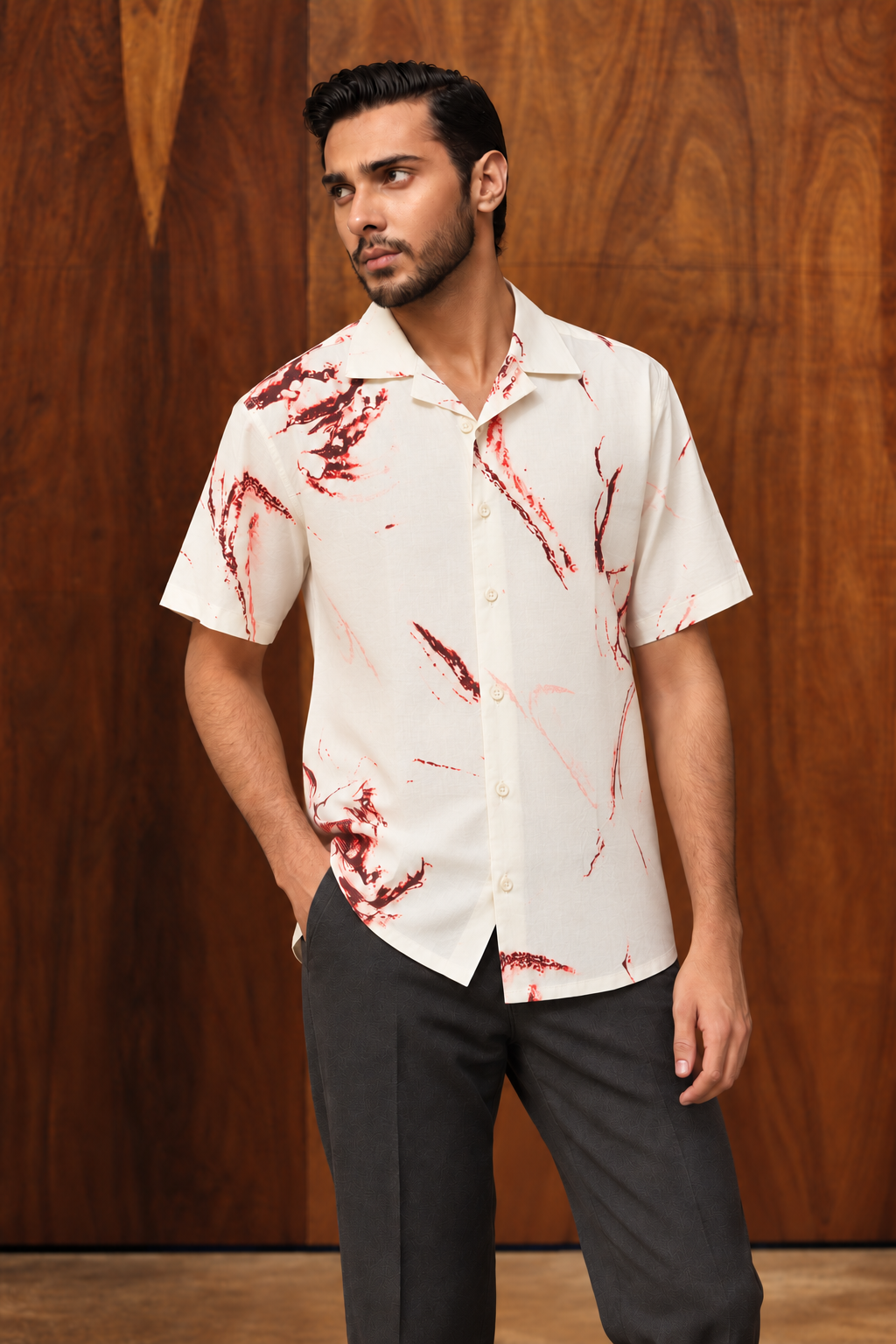 White & Red Abstract Printed Cotton Cuban Collar Short Sleeve Shirt