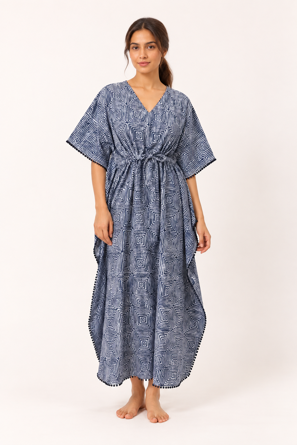 Navy Abstract Print V-Neck Maxi Kaftan Pure Cotton Nighty For Women