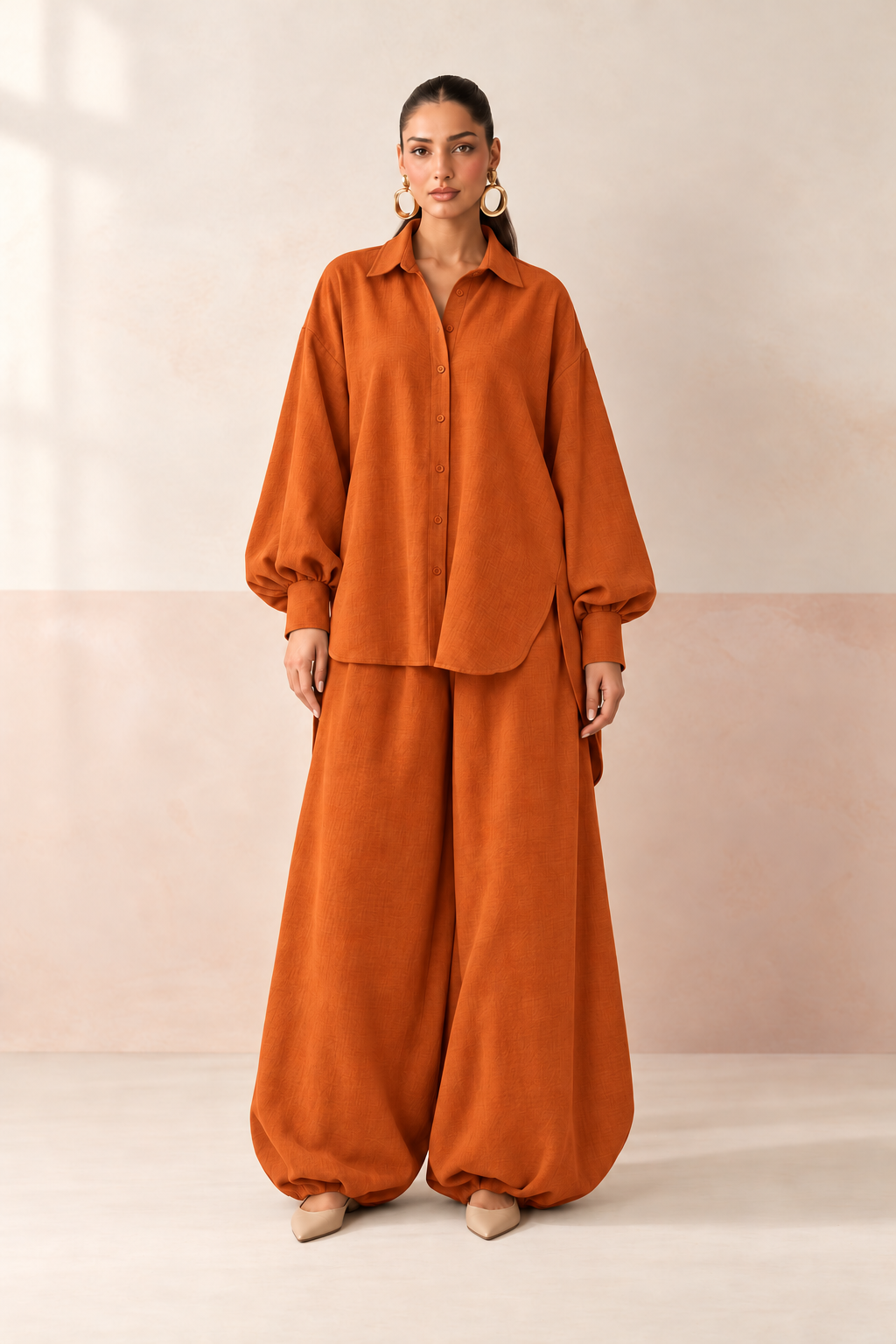 Rust Orange Shirt Collar Long Sleeve Balloon Style Co-ord Set For Women