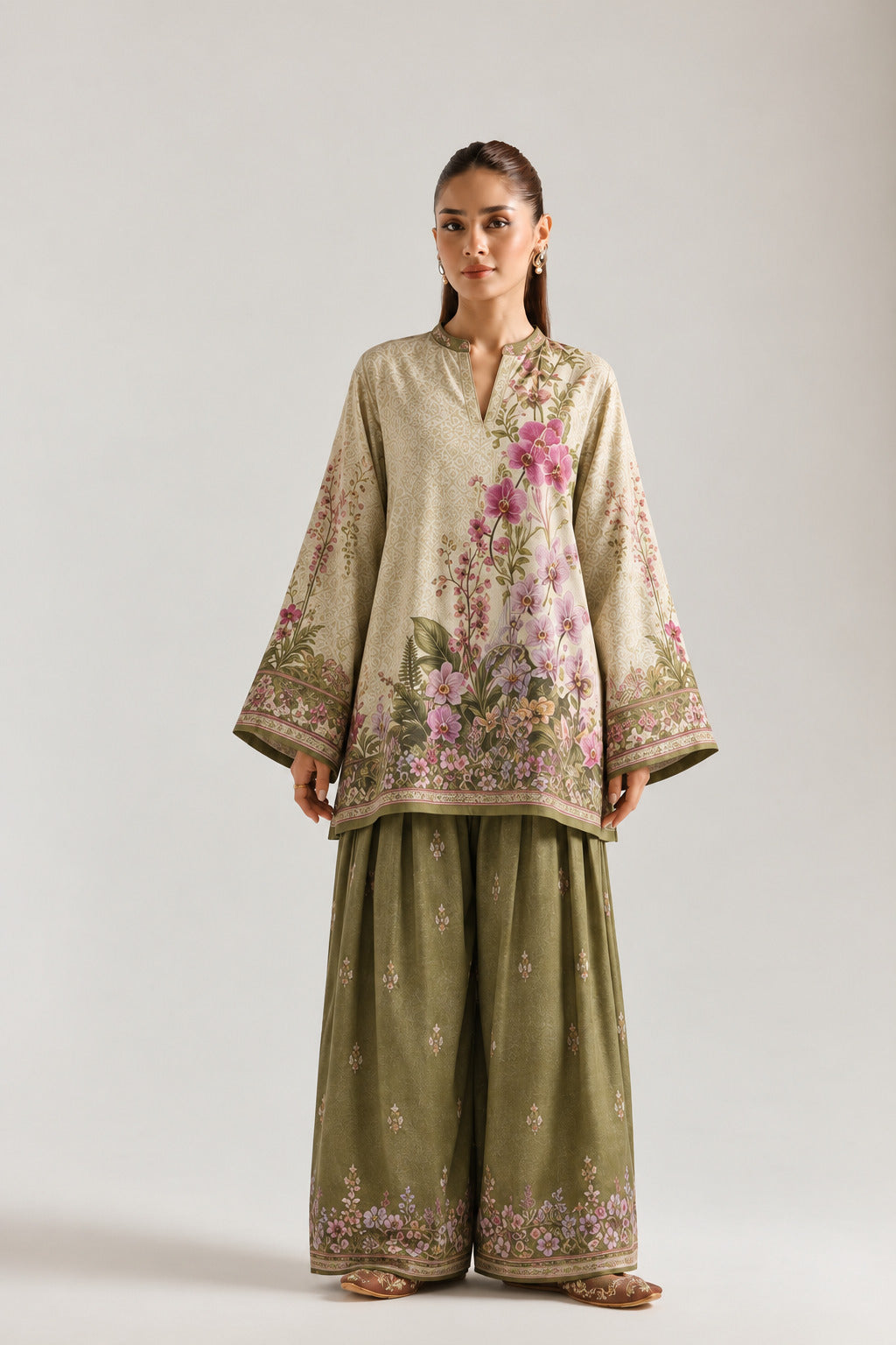Olive Green Mandarin Neck Floral Print Tunic & Farshi Salwar Co-Ord Set