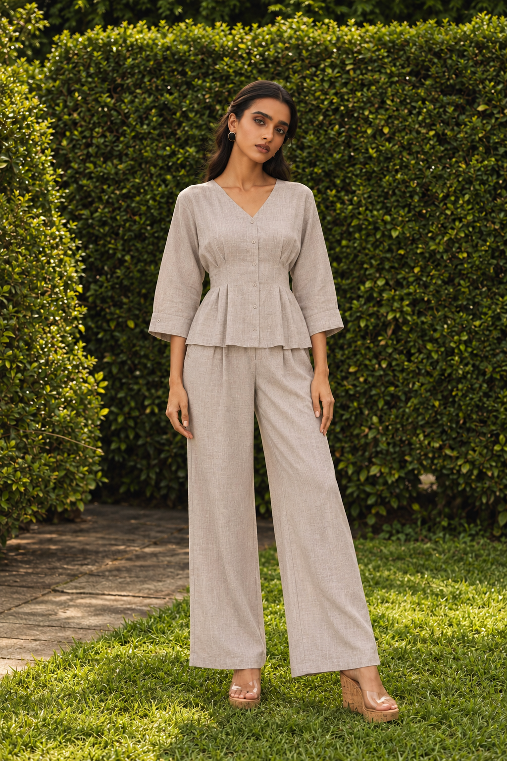Beige V-Neck Three-Quarter Sleeve Peplum Co-ord Set For Women