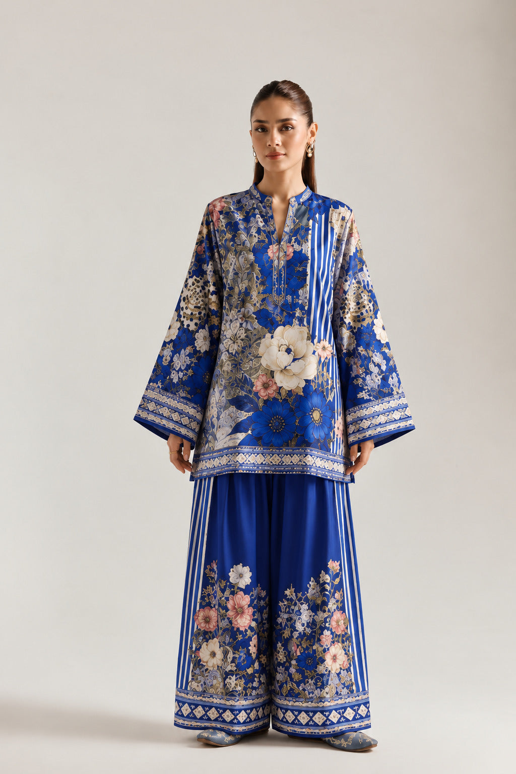 Blue Botanical Floral & Striped Tunic & Farshi Salwar Co-Ord Set For Women