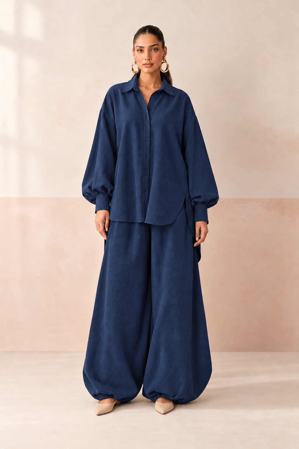 Navy Blue Shirt Collar Long Sleeve Balloon Style Co-Ord Set For Women