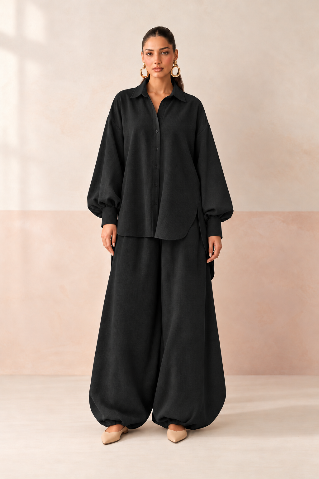 Black Shirt Collar Long Sleeve Balloon Style Co-Ord Set For Women