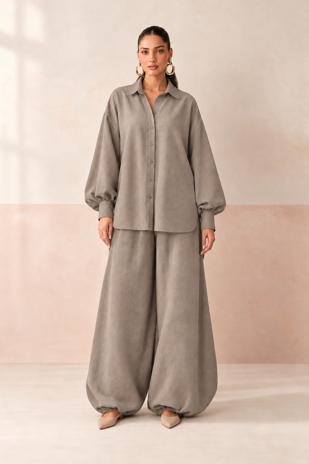 Grey Shirt Collar Long Sleeve Balloon Style Co-Ord Set For Women
