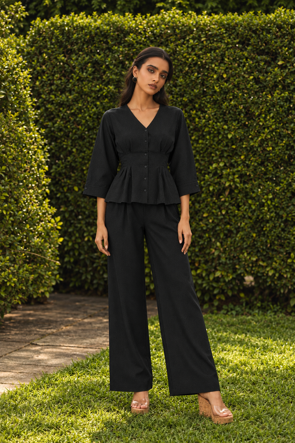 Black V-Neck Peplum Top and Trousers Smart Casual Co-ord Set For Women
