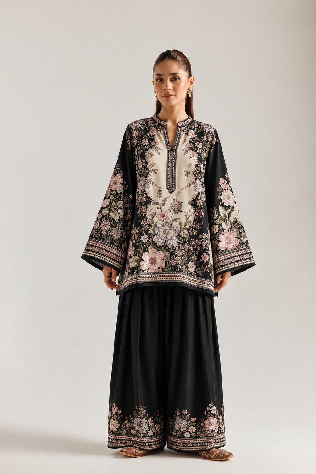 Black Nocturnal Floral Print Tunic & Farshi Salwar Co-Ord Set For Women