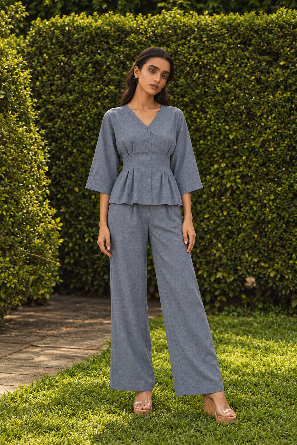 Dusty Blue V-Neck Peplum Top and Trousers Smart Casual Co-ord Set For Women
