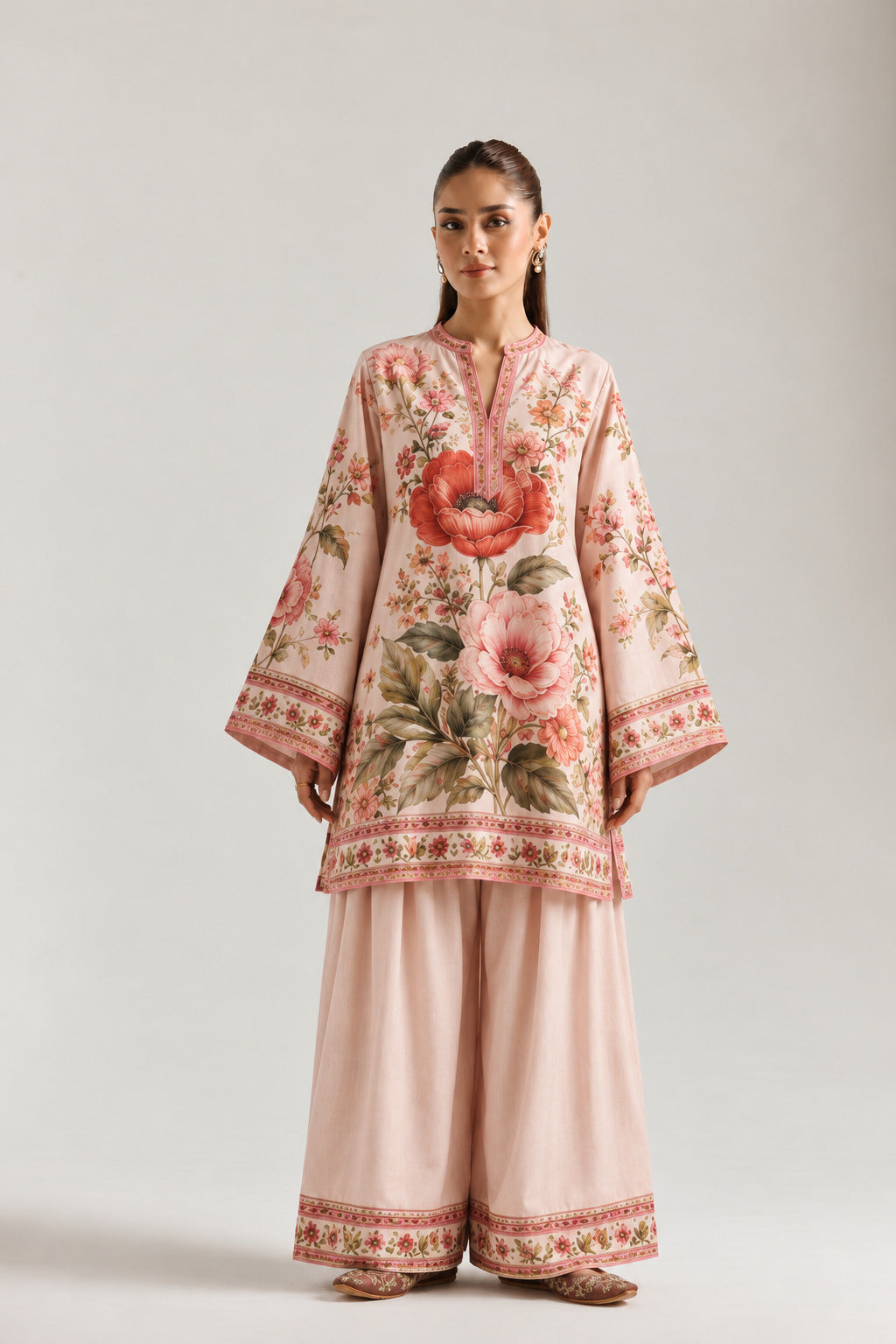 Pink Mandarin Neck Floral Statement Tunic & Farshi Salwar Co-Ord Set