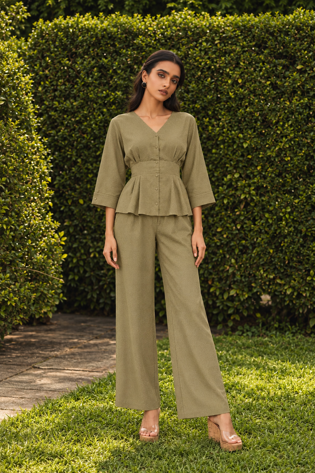 Olive Green V-Neck Peplum Top and Trousers Smart Casual Co-ord Set For Women