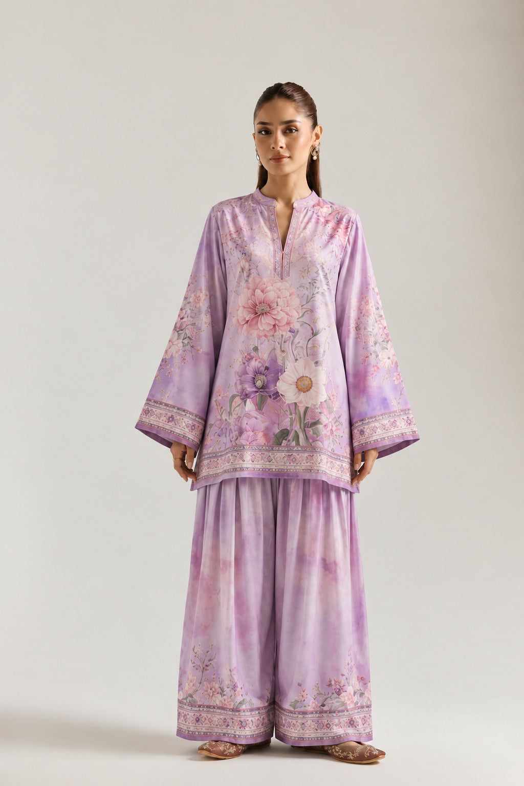 Purple Blossom Mandarin Neck Tunic & Farshi Salwar Co-Ord Set