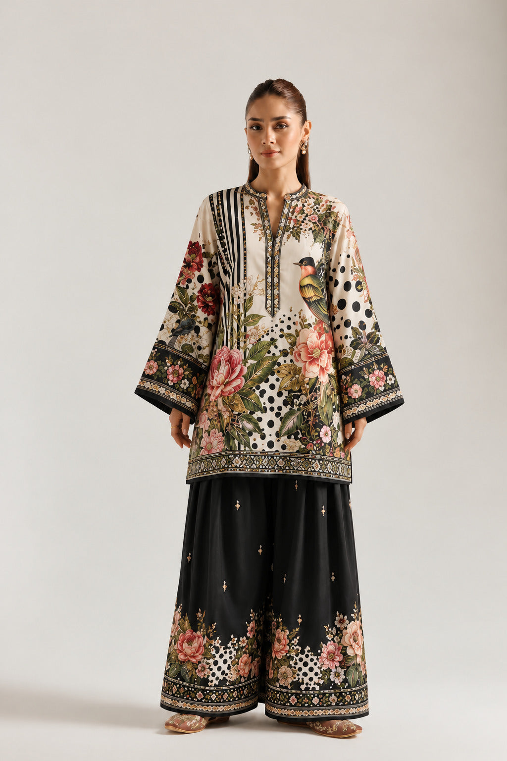 Black Mandarin Neck Tropical &  Polka Print Tunic With Farshi Salwar Co-Ord Set