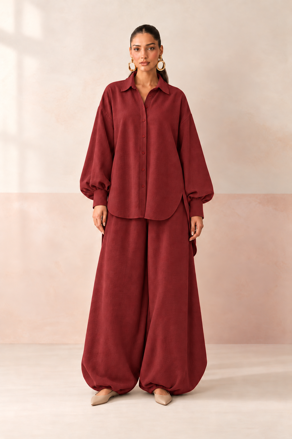 Maroon Shirt Collar Long Sleeve Balloon Style Co-ord Set For Women