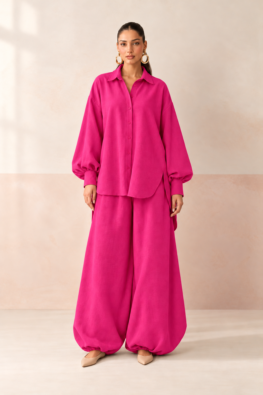 Magenta Pink Shirt Collar Long Sleeve Balloon Style Co-ord Set For Women