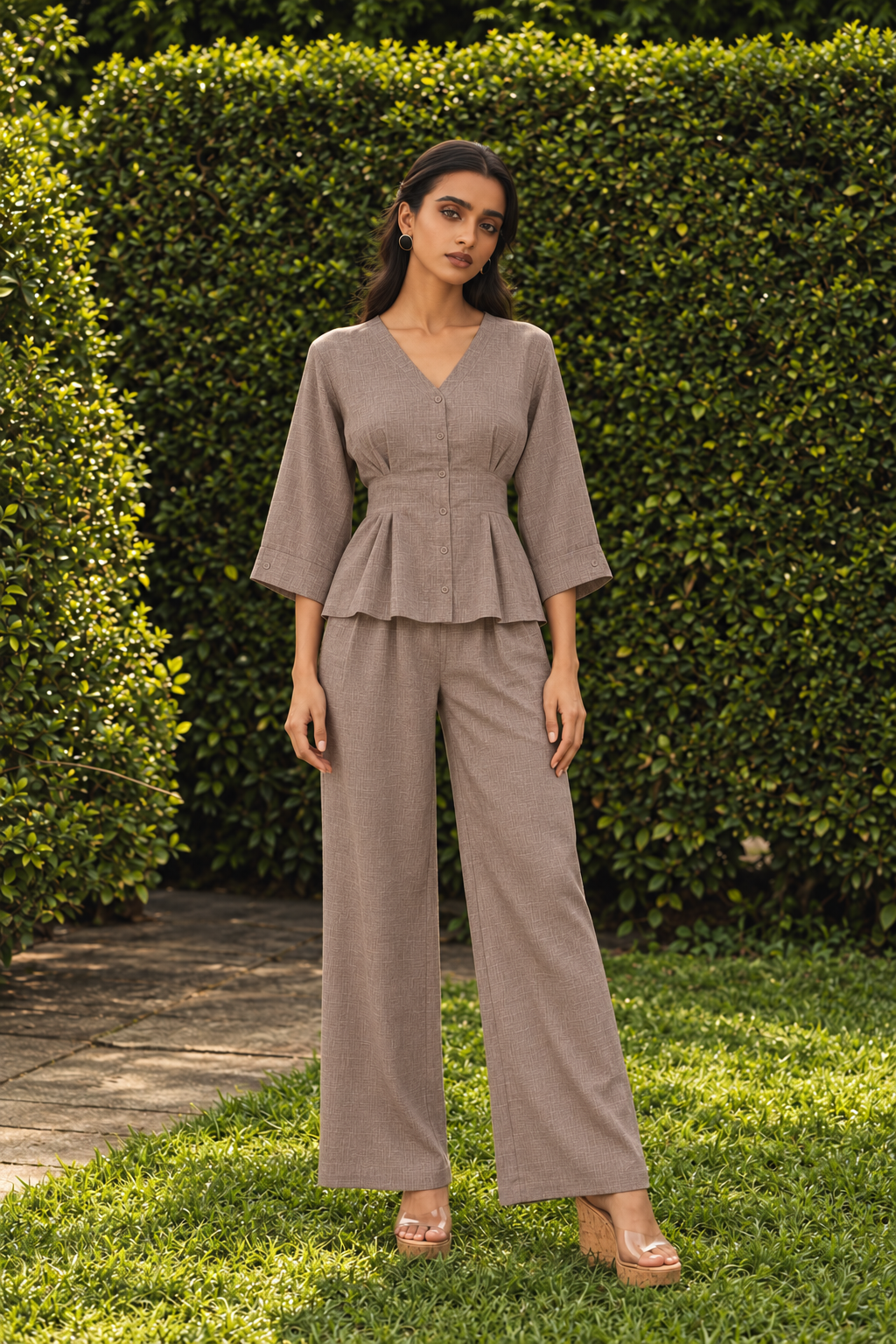 Grey V-Neck Three-Quarter Sleeve Peplum Co-Ord Set For Women