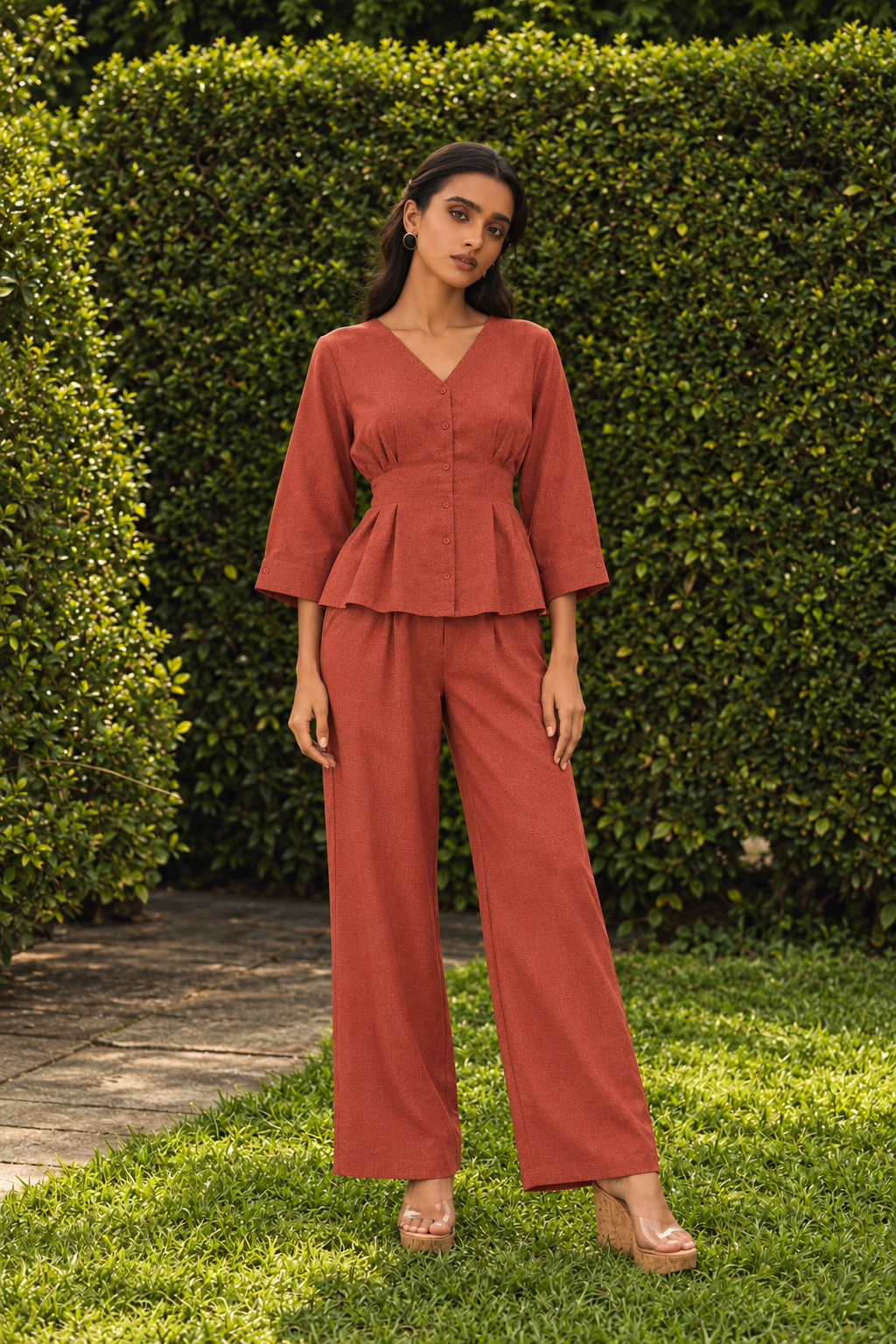 Red V-Neck Peplum Top and Trousers Smart Casual Co-Ord Set For Women