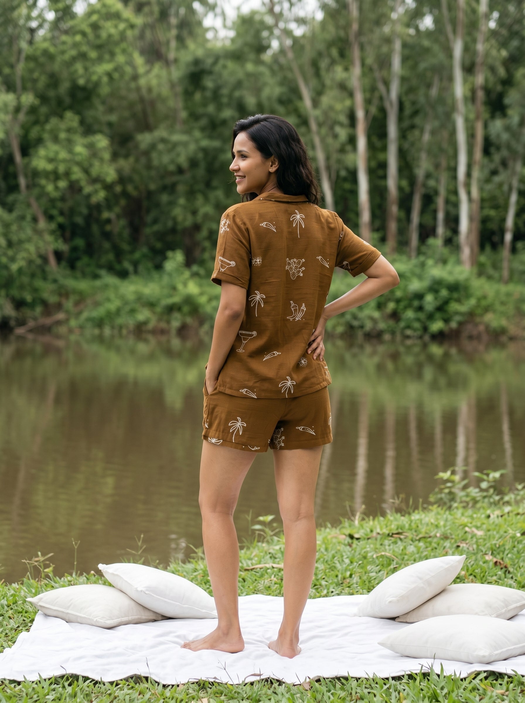 Brown Floral Print Shirt Collar Pure Cotton Night Suit For Women