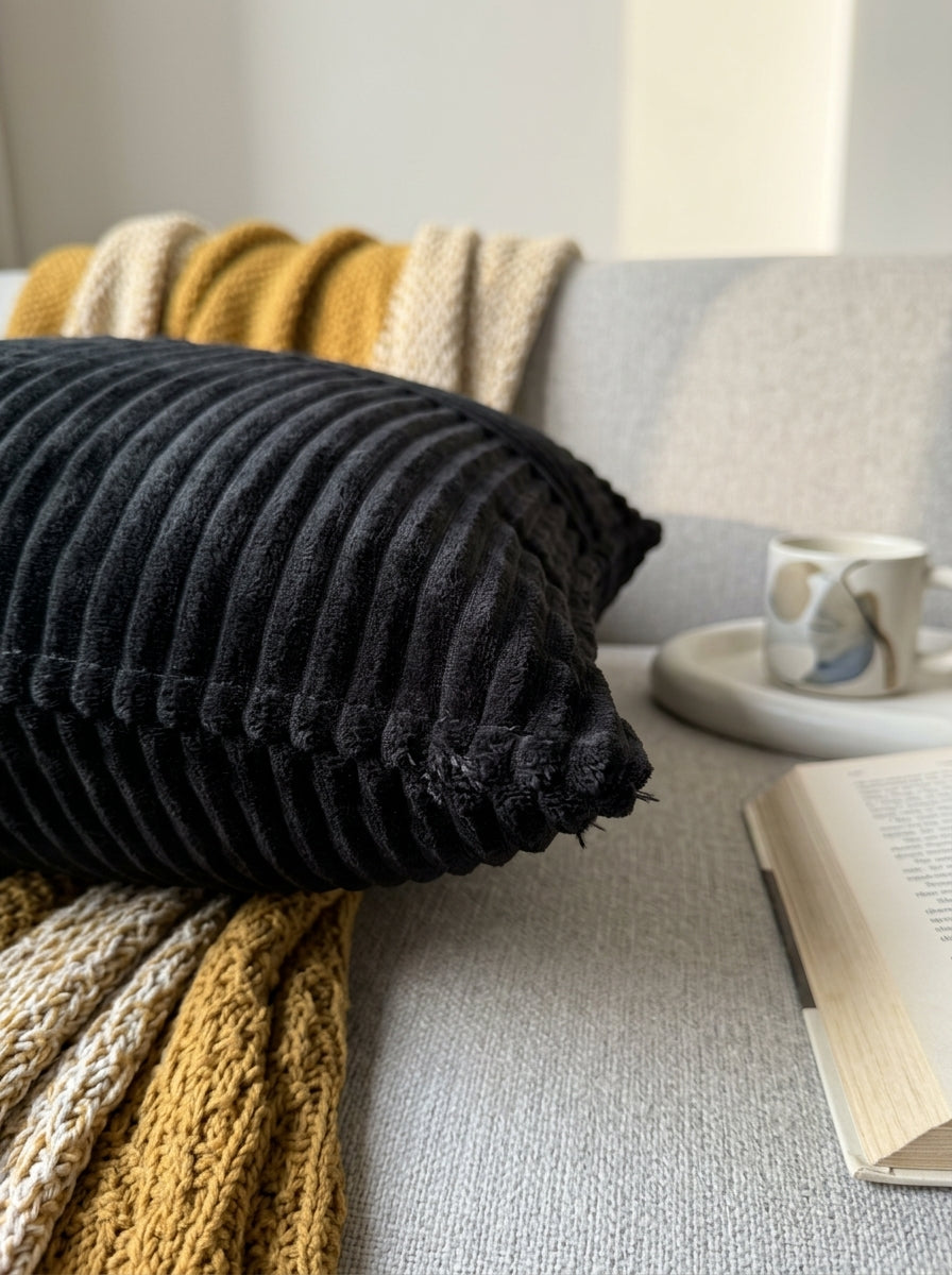 Black Velvet Square Textured Striped Cushion Cover