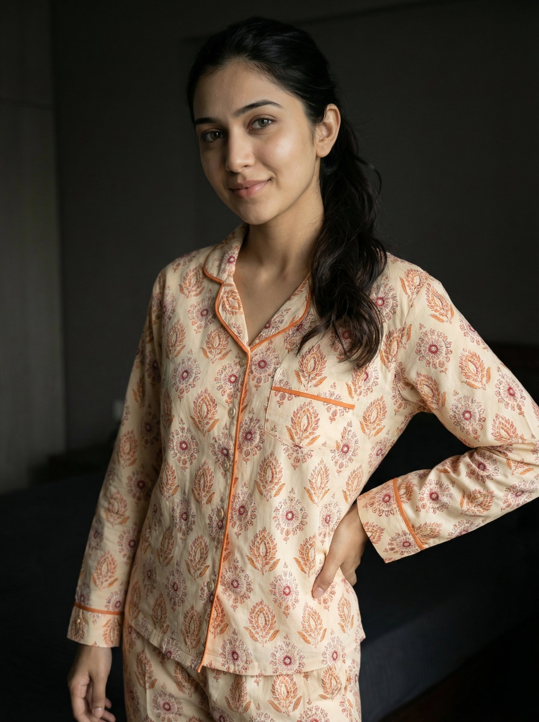 Beige Floral Print Pure Cotton Shirt Collar Night Suit for Women