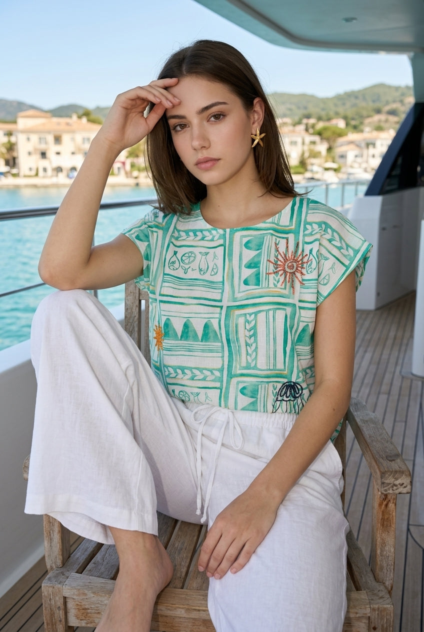 Green & White Coastal Graphic Print Round Neck Cap-Sleeve Top For Women