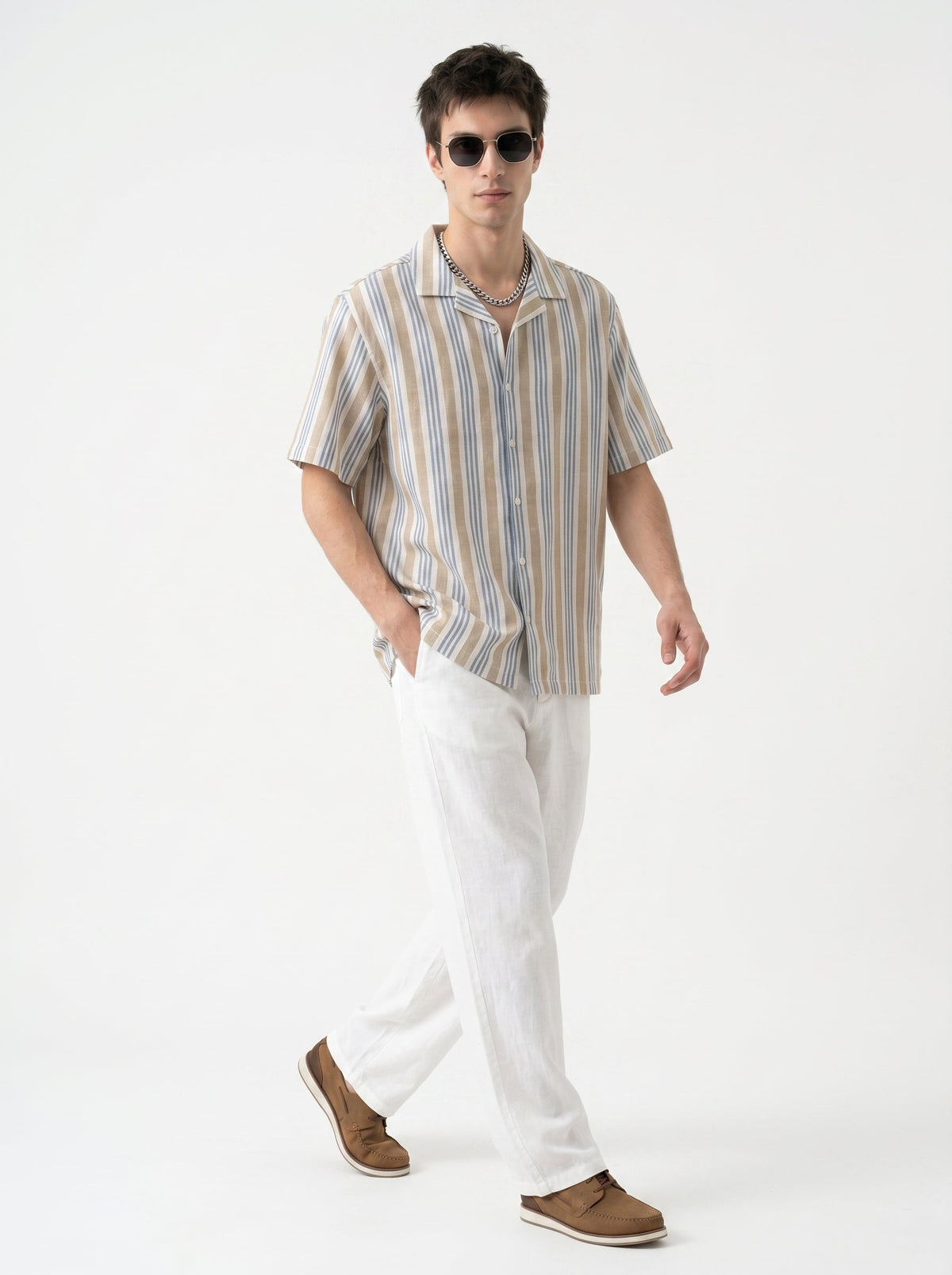 Off White Cuban Collar Vertical Stripes Cotton Oversized Men's Shirt