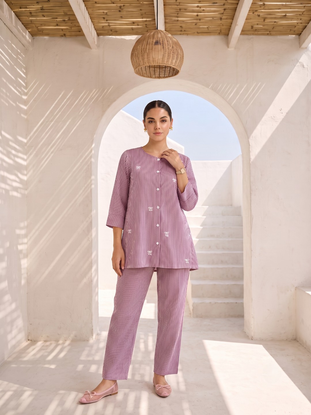 Pink Round Neck Striped Embroidered Pure Cotton Co-Ord Set For Women