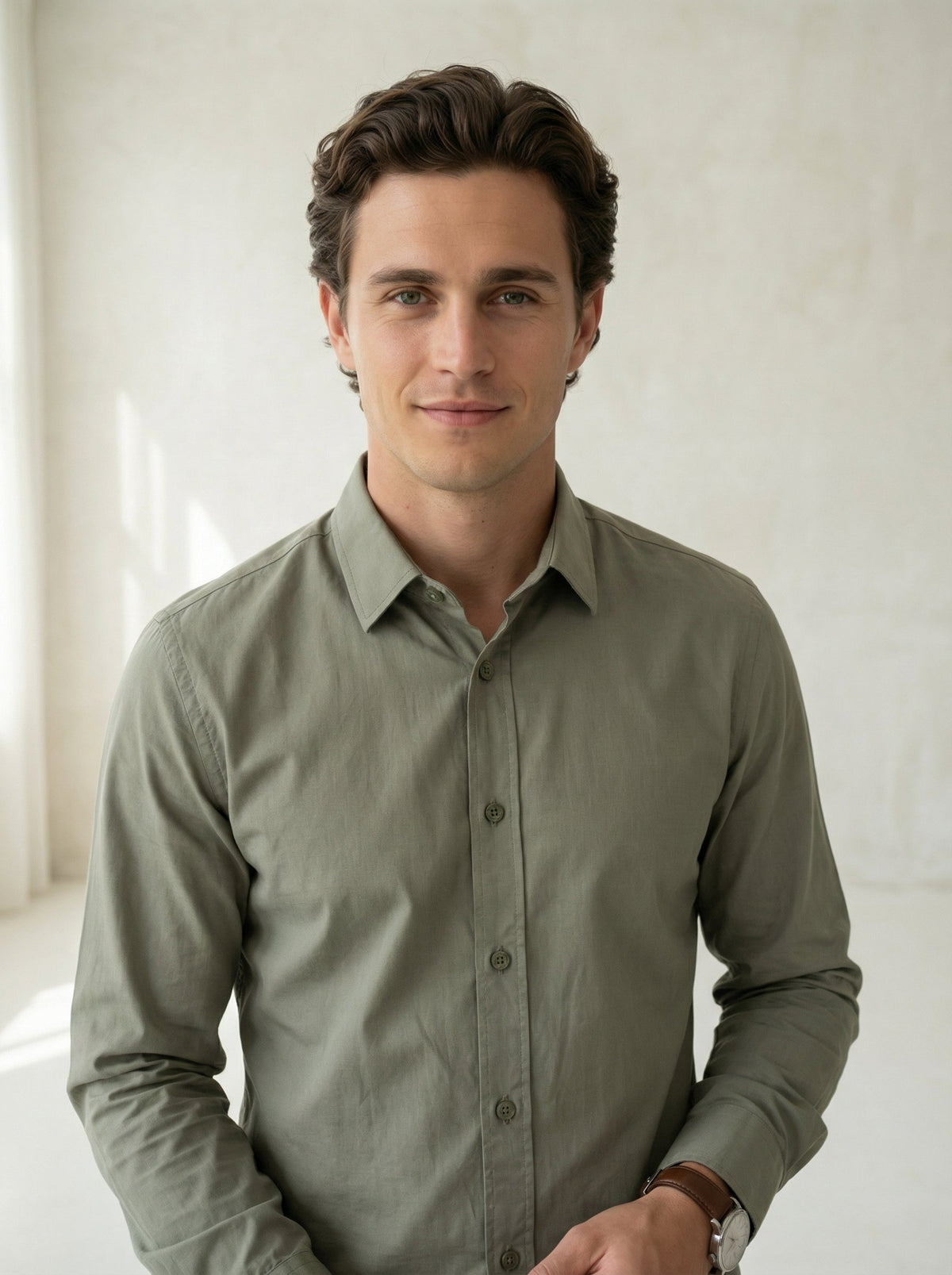 Olive Band Collar Solid Pure Cotton  Shirt For Men