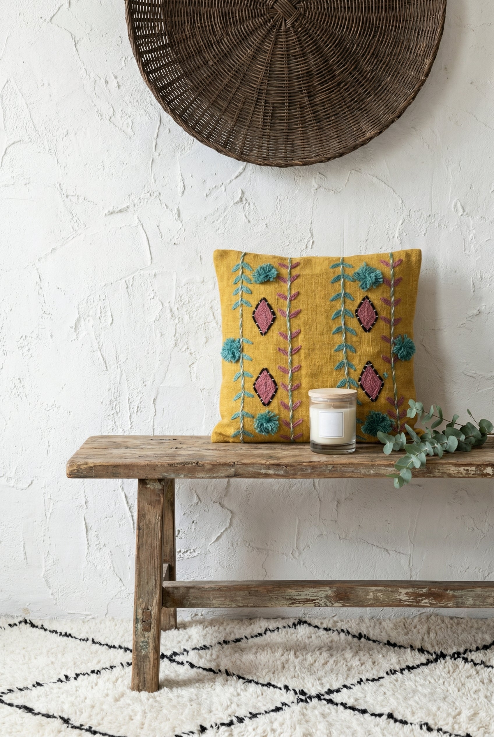 Mustard Squared Embroidered Floral Design Cushion Cover