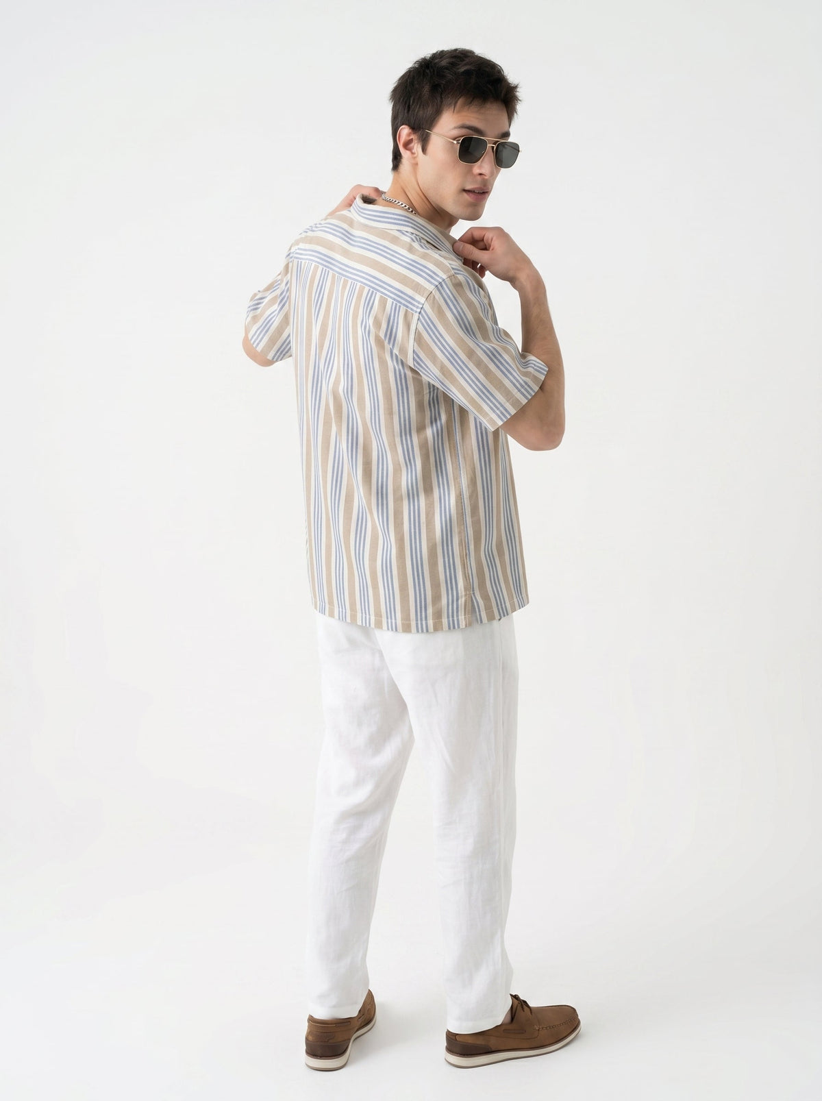 Off White Cuban Collar Vertical Stripes Cotton Oversized Men's Shirt