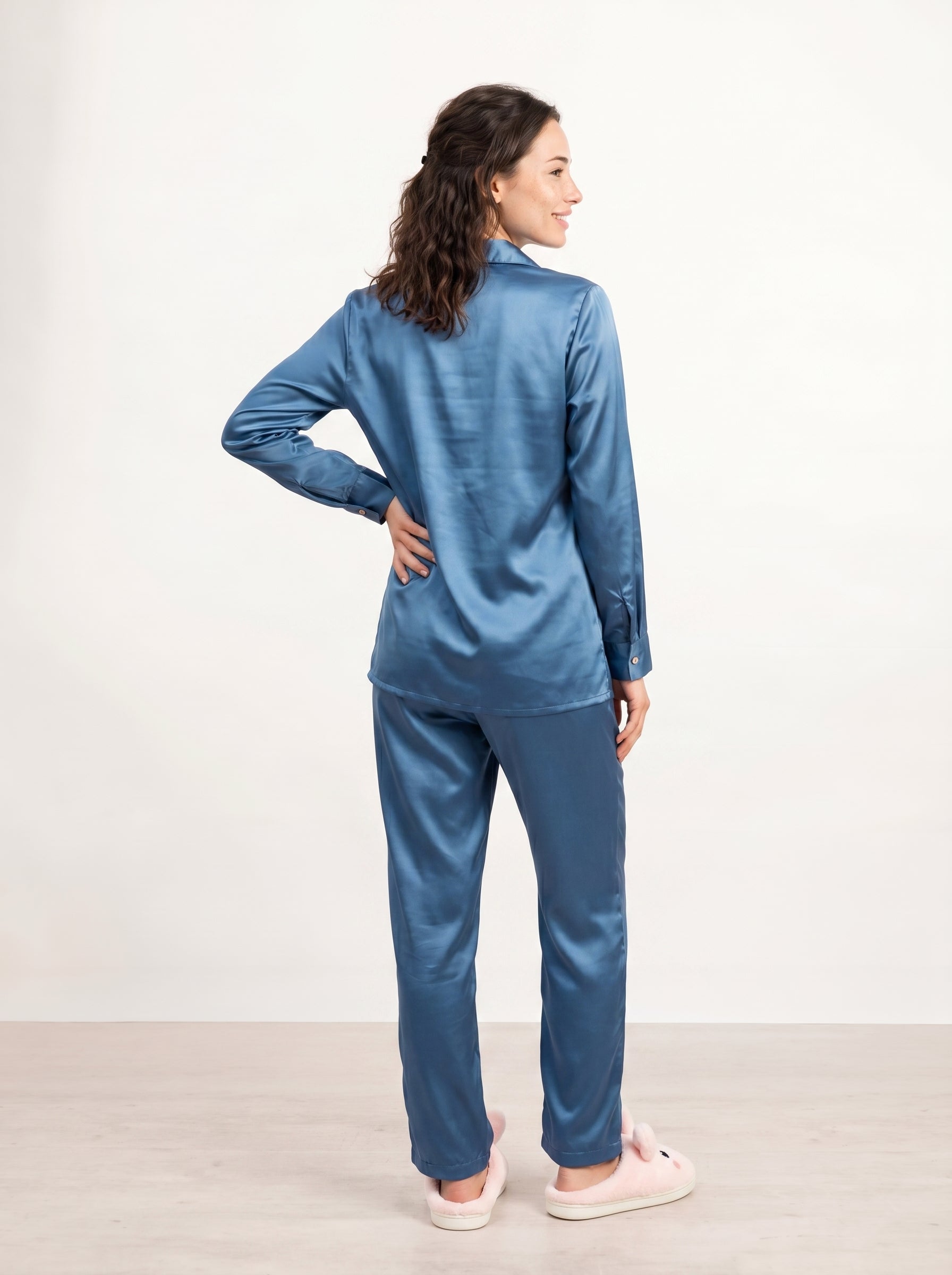 Blue Lapel Collar Solid print Pure Silk Night Suit For Women