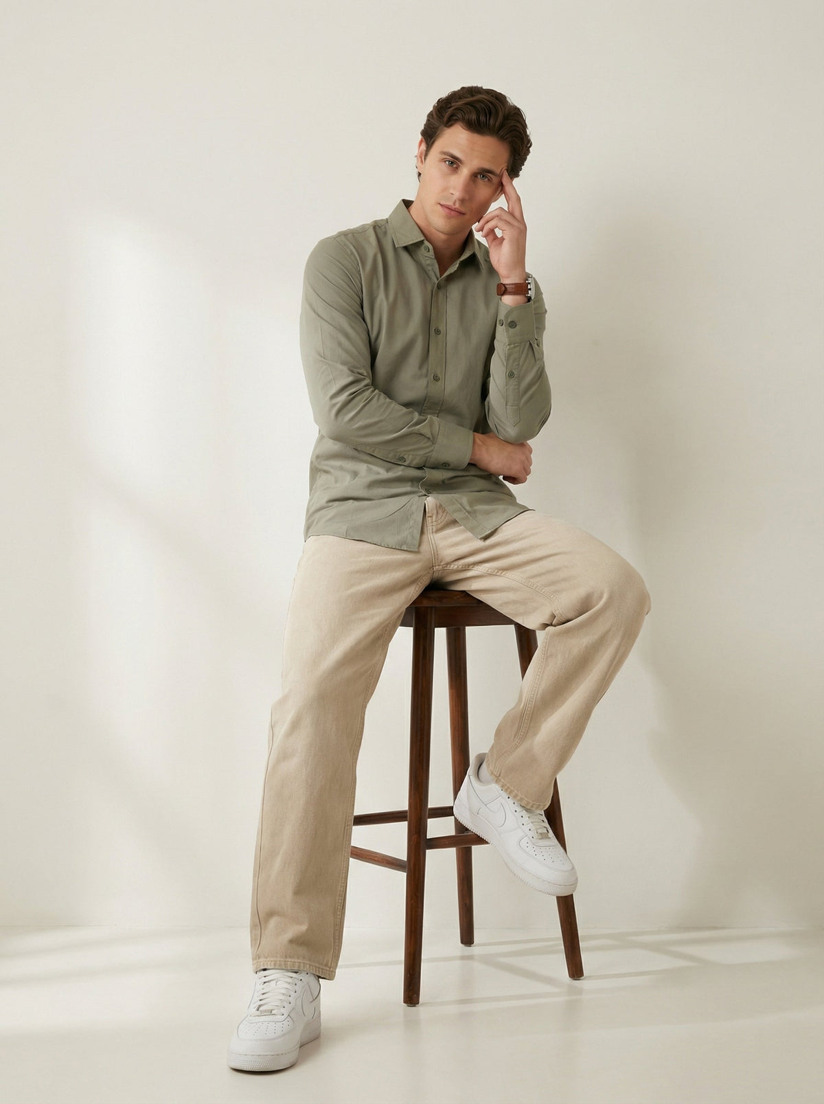 Olive Band Collar Solid Pure Cotton  Shirt For Men