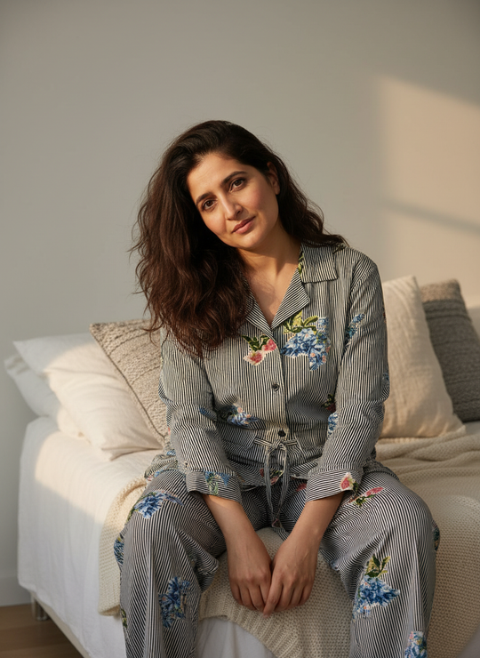 Blue Pure Cotton Lapel Collar Striped Night Suit for Women