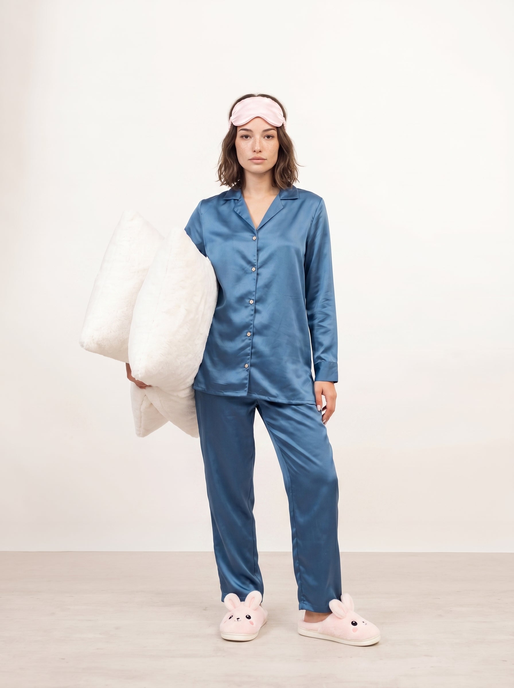 Blue Lapel Collar Solid print Pure Silk Night Suit For Women