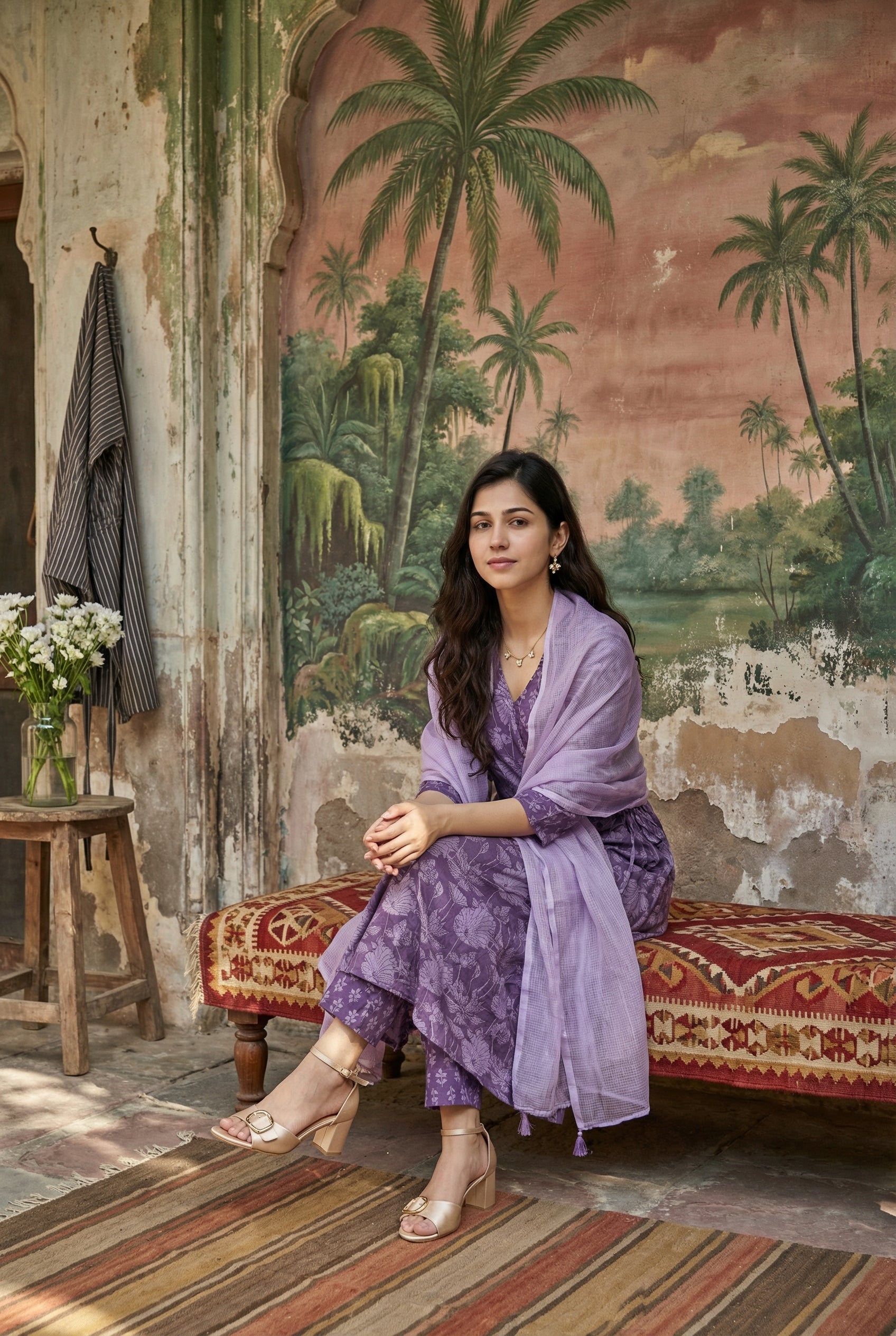 Purple Floral Print V-Neck Pure Cotton Kurta Set With Dupatta For Women