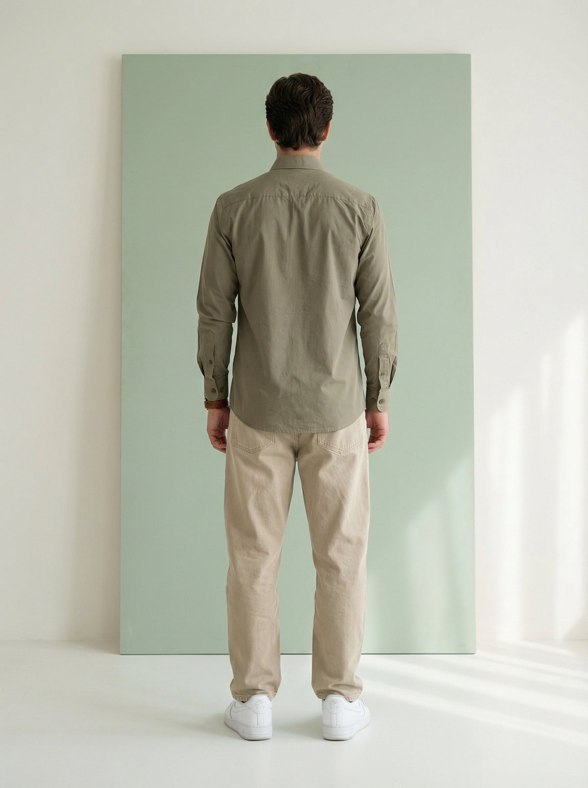 Olive Band Collar Solid Pure Cotton  Shirt For Men
