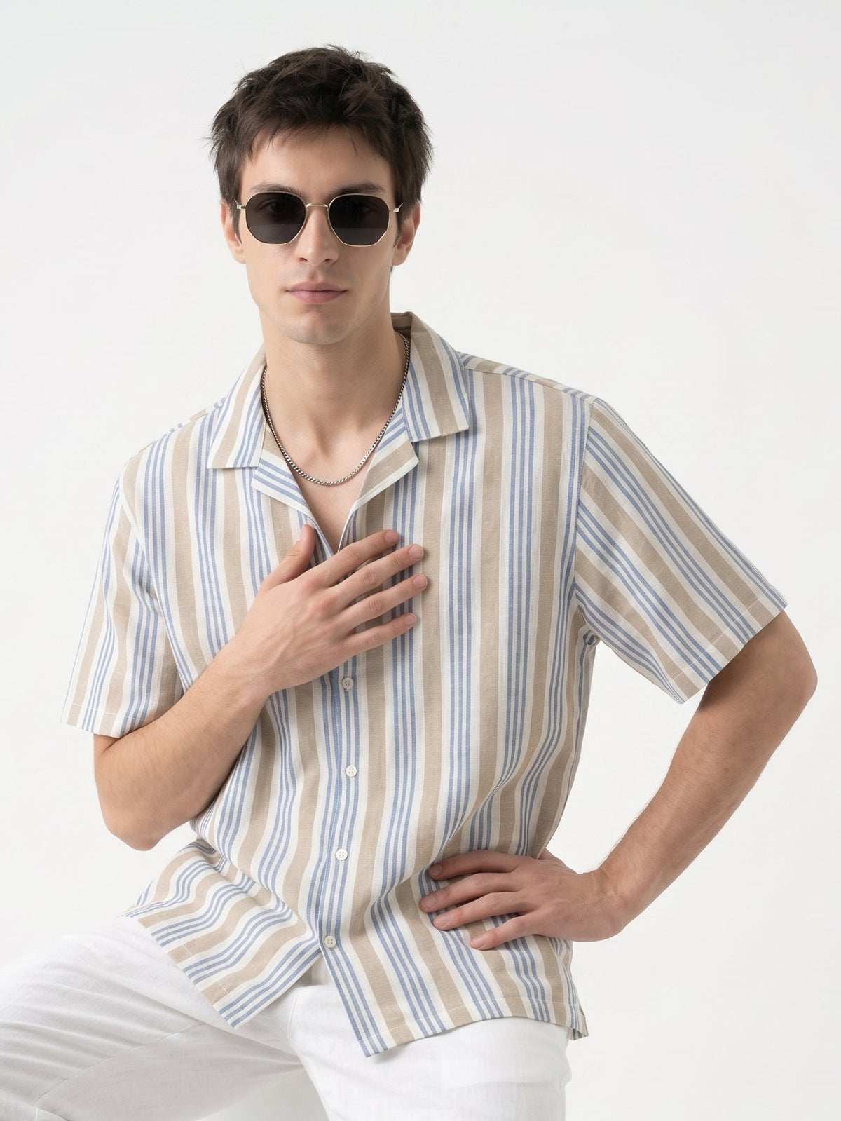 Off White Cuban Collar Vertical Stripes Cotton Oversized Men's Shirt