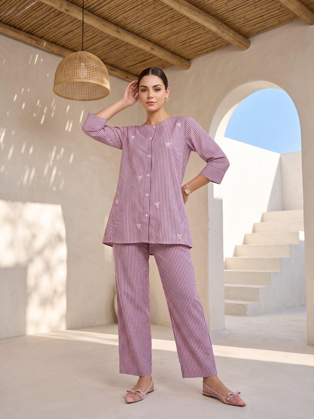 Pink Round Neck Striped Embroidered Pure Cotton Co-Ord Set For Women