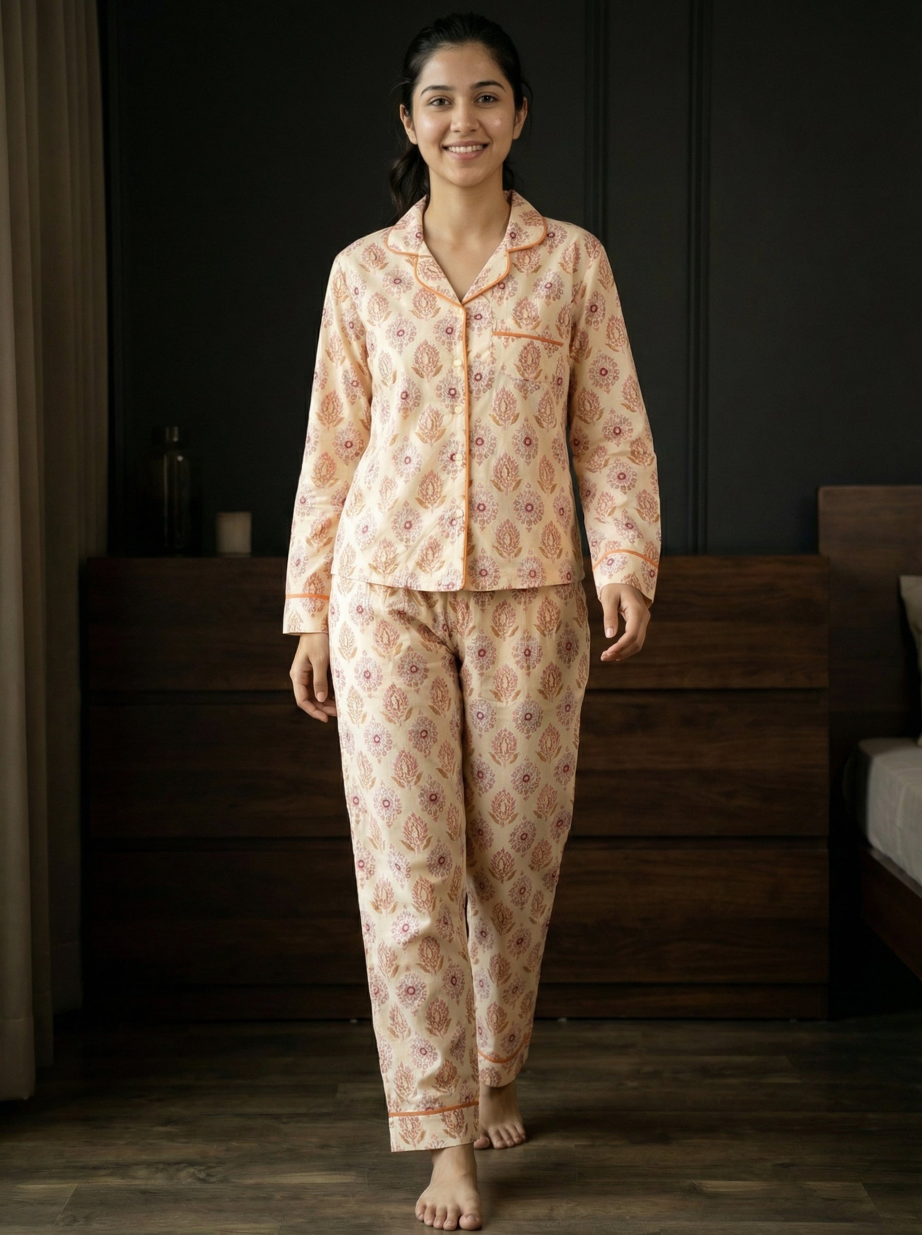 Beige Floral Print Pure Cotton Shirt Collar Night Suit for Women