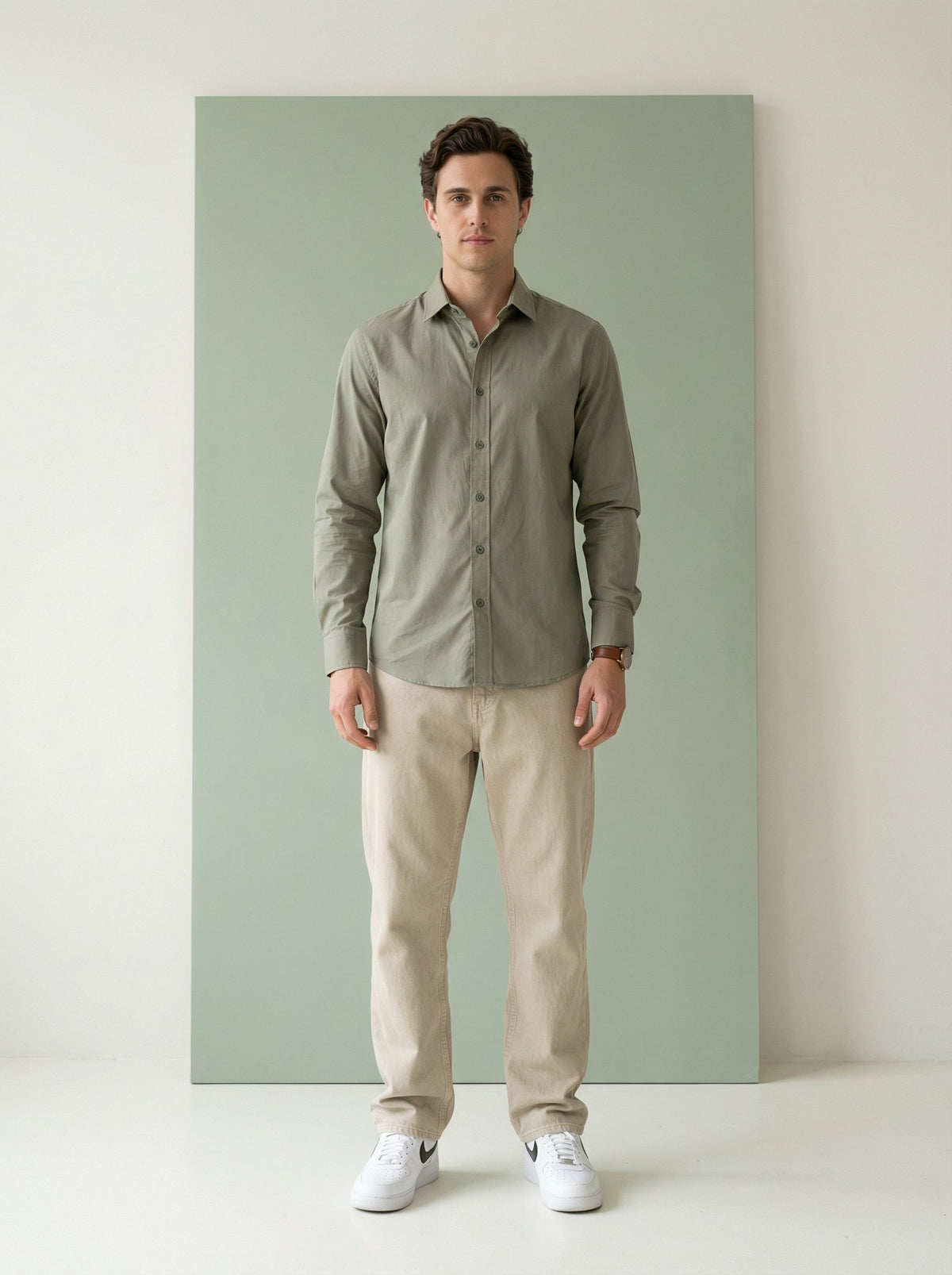 Olive Band Collar Solid Pure Cotton  Shirt For Men
