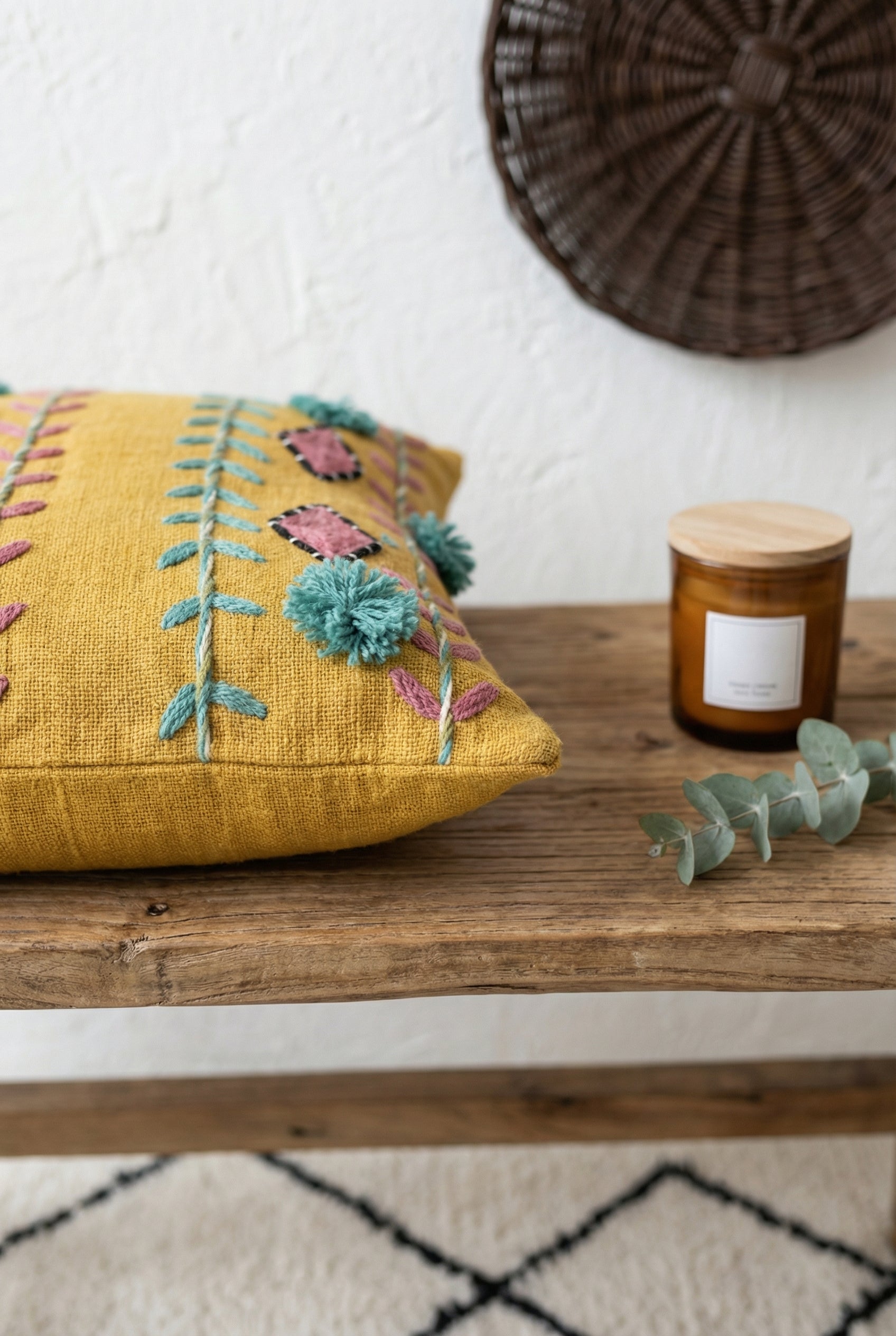 Mustard Squared Embroidered Floral Design Cushion Cover