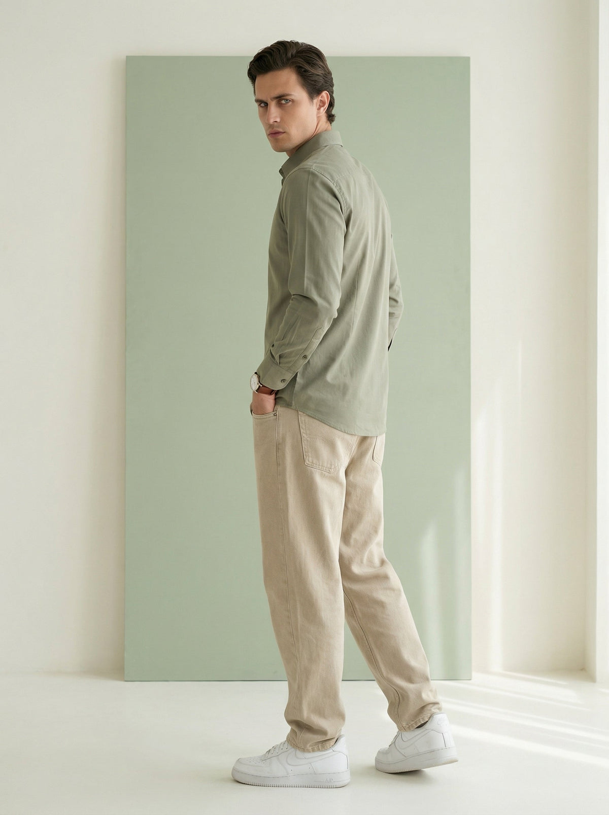 Olive Band Collar Solid Pure Cotton  Shirt For Men